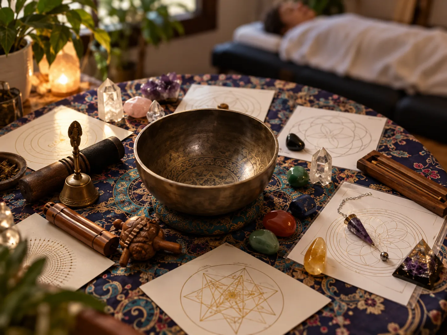 Mesa com tigela tibetana, cristais, pêndulo e mandalas, vista de cima