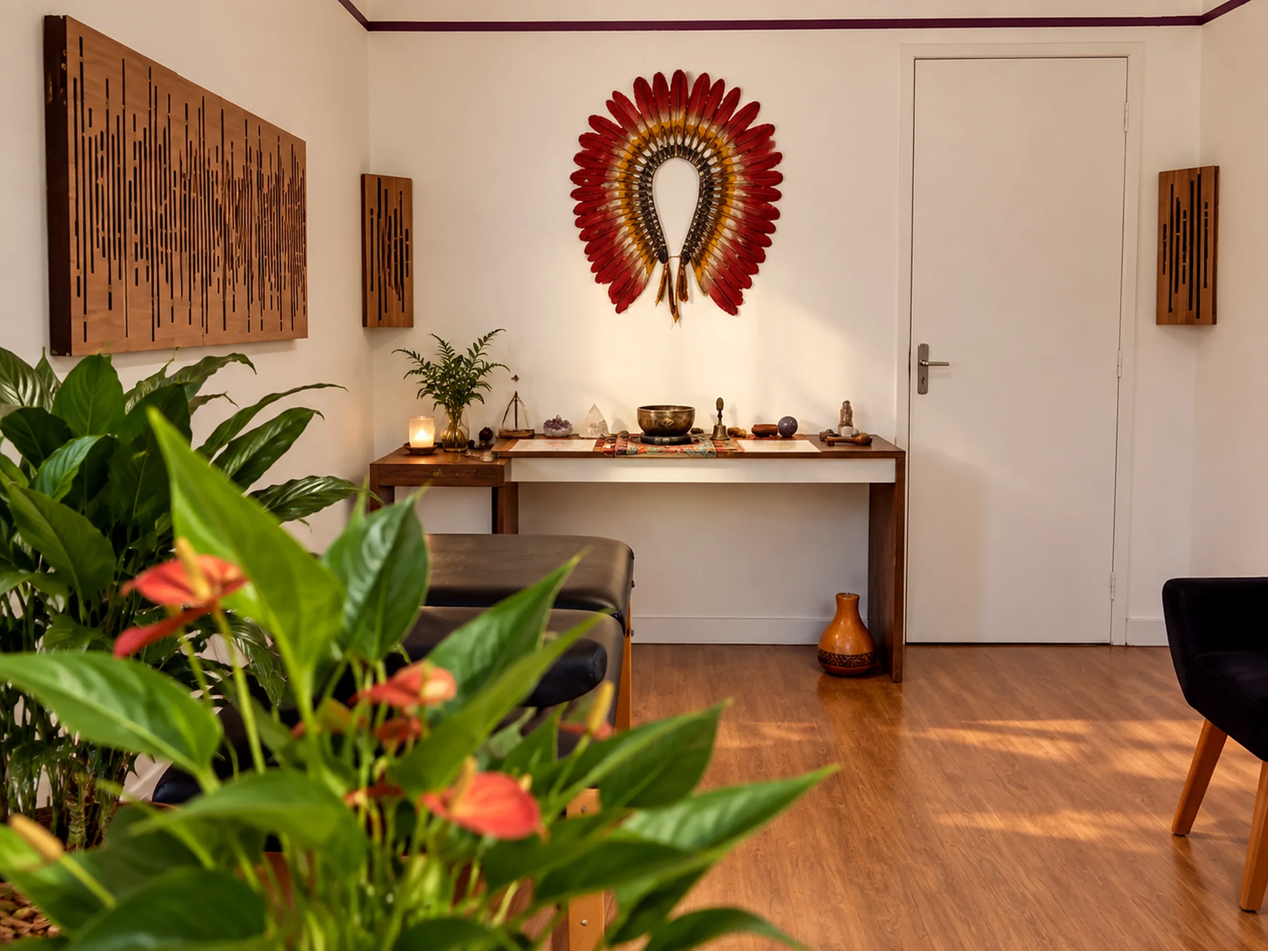Consultório com cocar na parede, altar com tigela tibetana, cristais e plantas, em luz quente