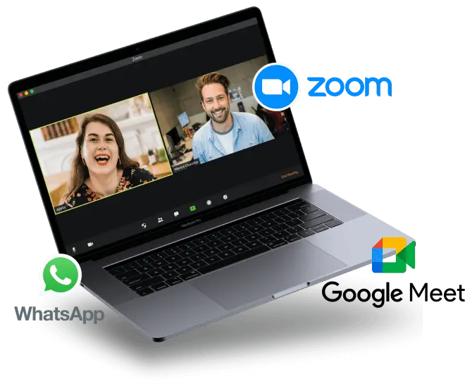 Notebook com ícones do WhatsApp e Google Meet representando atendimento online